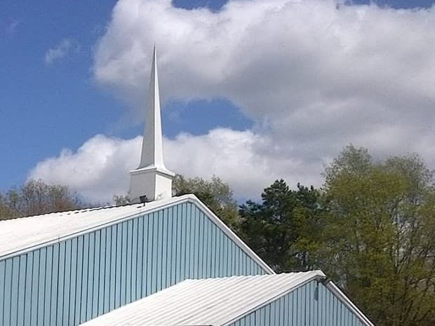 The steeple at Blackstone Valley Baptist Church in Cumberland, Rhode Island